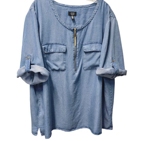 Jones New York Signature 3X Tencel Chambray Zip Front Utility Top Blouse - Picture 5 of 9